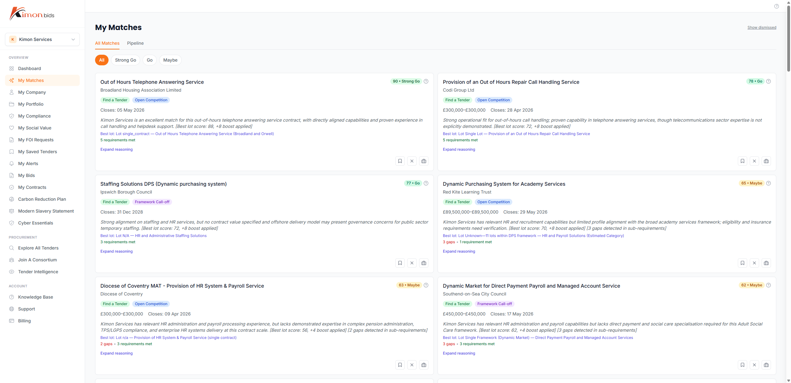 My Matches page with match cards, relevance scores, and filtering controls